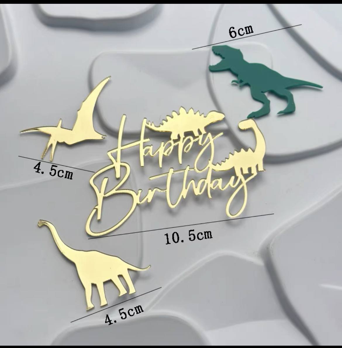 Топпер боковой "Happy Birthday с динозаврами" золото, акрил Китай 9см